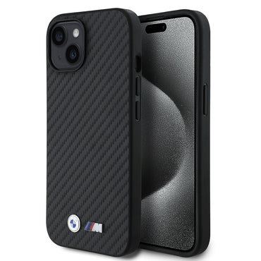 Apple iPhone 15 Kılıf BMW Orjinal Lisanslı Karbon Fiber Tasarımlı ve Metal Logolu PU Deri Kapak