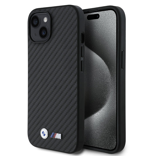Apple iPhone 15 Kılıf BMW Orjinal Lisanslı Karbon Fiber Tasarımlı ve Metal Logolu PU Deri Kapak Siyah