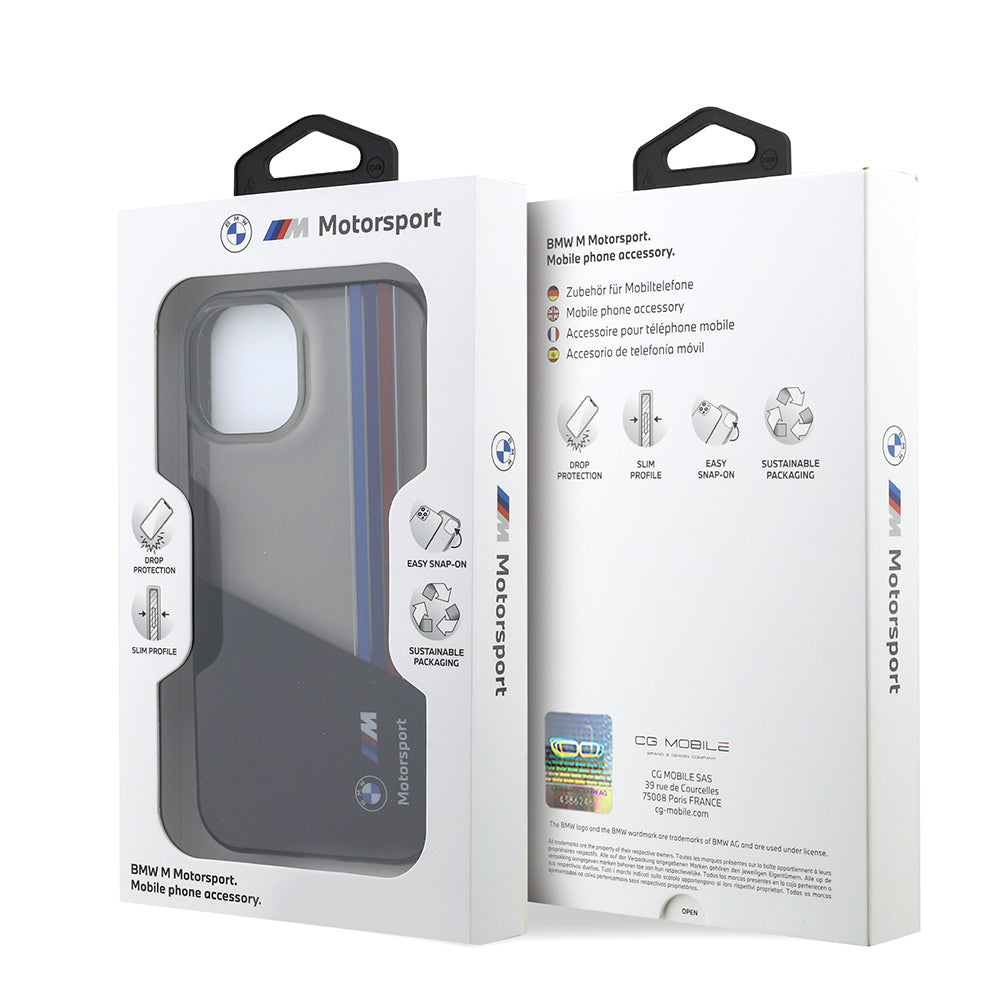 Apple iPhone 15 Kılıf BMW Orjinal Lisanslı Yarı Transparan M Dizayn Çizgili Kapak Siyah