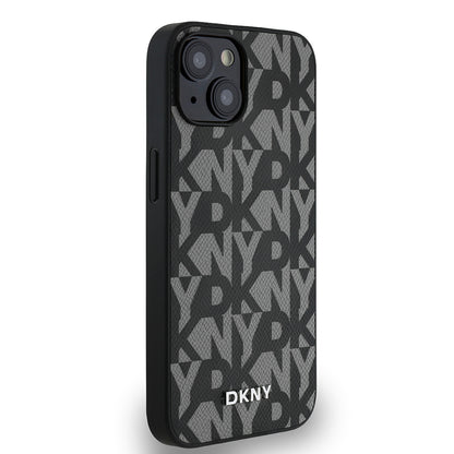 Apple iPhone 15 Kılıf DKNY Orjinal Lisanslı M-safe Şarj Özellikli 3D Yazılı Grid Pattern Kapak Kahverengi