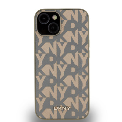 Apple iPhone 15 Kılıf DKNY Orjinal Lisanslı M-safe Şarj Özellikli 3D Yazılı Grid Pattern Kapak Kahverengi
