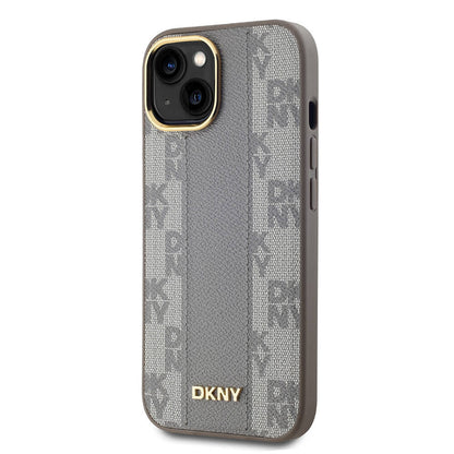 Apple iPhone 15 Kılıf DKNY Orjinal Lisanslı M-safe Şarj Özellikli 3D Yazılı Checkered Pattern Kapak Siyah