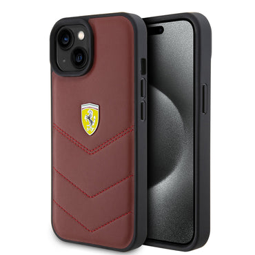Apple iPhone 15 Kılıf Ferrari Orjinal Lisanslı Deri Dikişli Arka Yüzey Metal Logo Tasarımlı Kapak Kırmızı