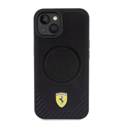 Apple iPhone 15 Kılıf Ferrari Orjinal Lisanslı M-safe Şarj Özellikli Metal Logolu PU Karbon Kapak Siyah