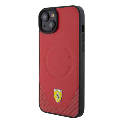 Apple iPhone 15 Kılıf Ferrari Orjinal Lisanslı M-safe Şarj Özellikli Metal Logolu PU Karbon Kapak Siyah