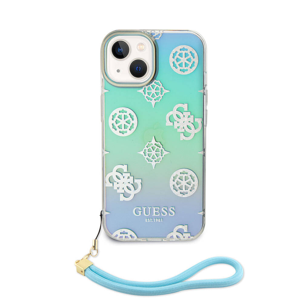 Apple iPhone 15 Case Guess Original Licensed Patterned Text Logo Strap Holographic Glitter Peony Cover Pink