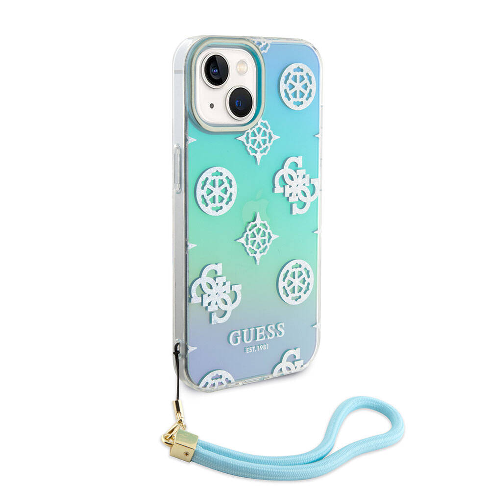 Apple iPhone 15 Case Guess Original Licensed Patterned Text Logo Strap Holographic Glitter Peony Cover Pink
