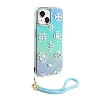 Apple iPhone 15 Case Guess Original Licensed Patterned Text Logo Strap Holographic Glitter Peony Cover Pink