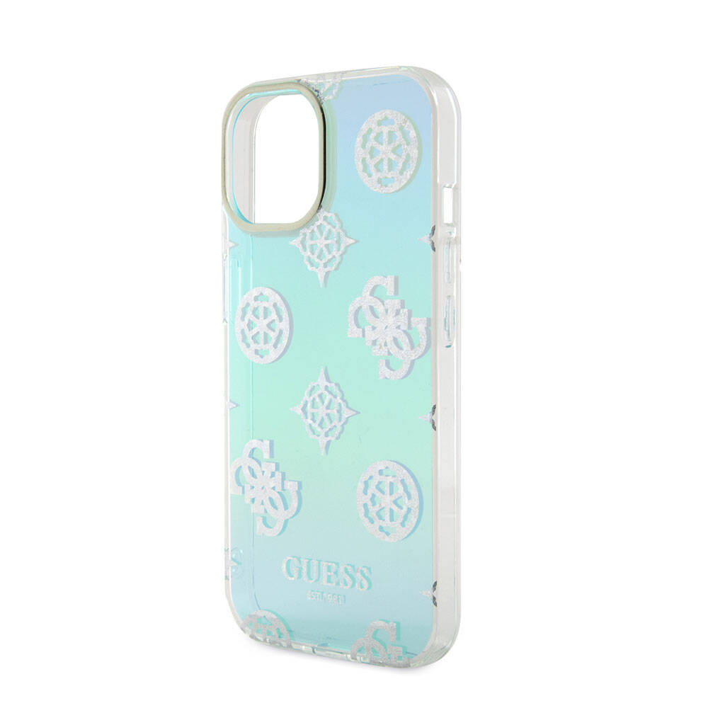 Apple iPhone 15 Case Guess Original Licensed Patterned Text Logo Strap Holographic Glitter Peony Cover Pink
