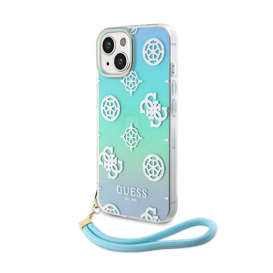 Apple iPhone 15 Case Guess Original Licensed Patterned Text Logo Strap Holographic Glitter Peony Cover Turquoise