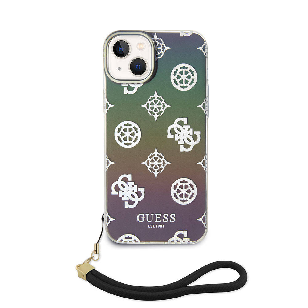 Apple iPhone 15 Case Guess Original Licensed Patterned Text Logo Strap Holographic Glitter Peony Cover Pink