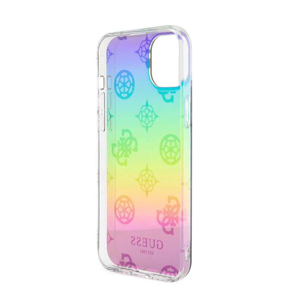 Apple iPhone 15 Case Guess Original Licensed Patterned Text Logo Strap Holographic Glitter Peony Cover Pink