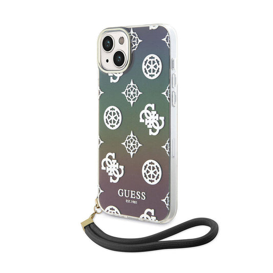 Apple iPhone 15 Case Guess Original Licensed Patterned Text Logo Holographic Glitter Peony Cover Black
