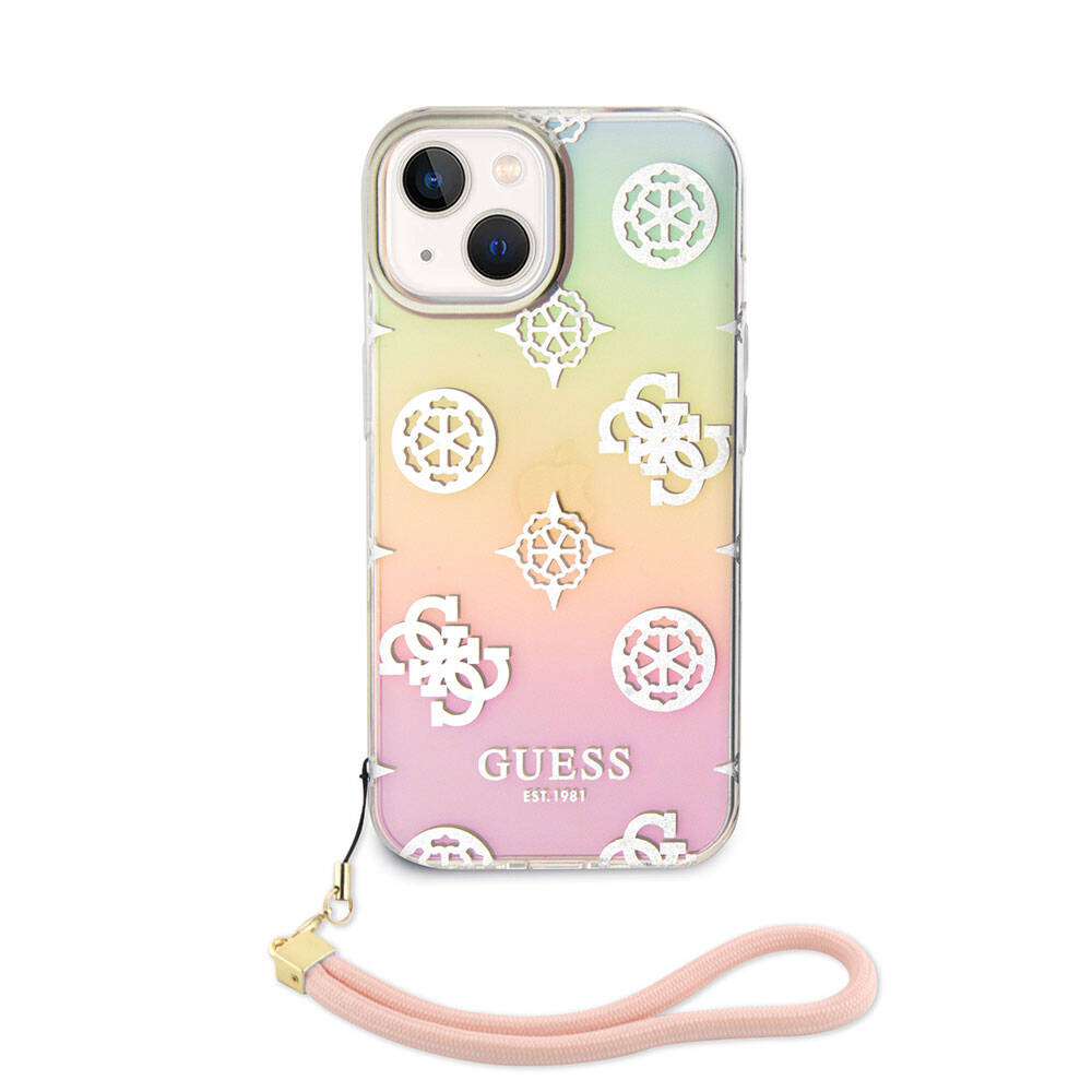 Apple iPhone 15 Case Guess Original Licensed Patterned Text Logo Strap Holographic Glitter Peony Cover Pink