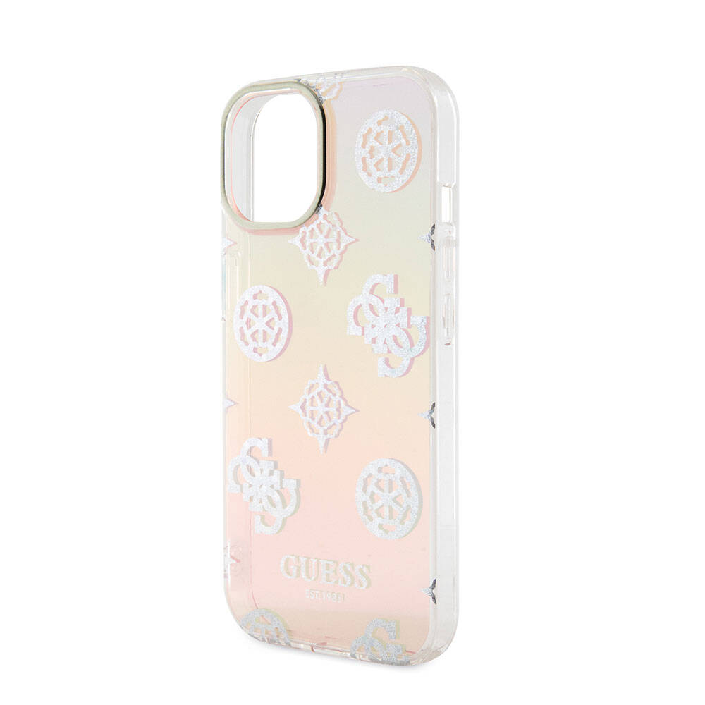 Apple iPhone 15 Case Guess Original Licensed Patterned Text Logo Strap Holographic Glitter Peony Cover Pink