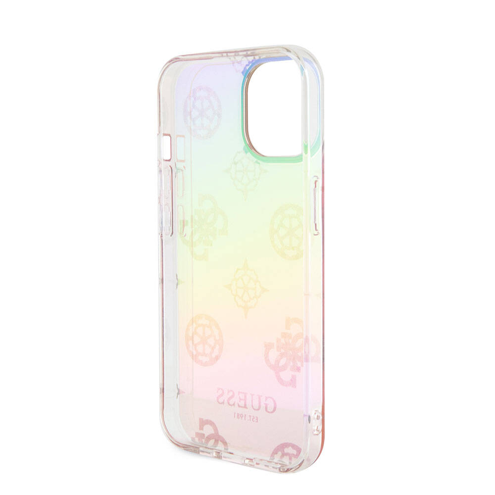 Apple iPhone 15 Case Guess Original Licensed Patterned Text Logo Strap Holographic Glitter Peony Cover Pink