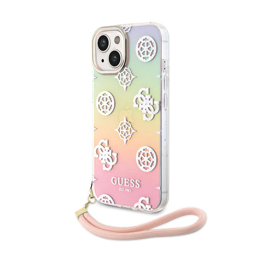 Apple iPhone 15 Case Guess Original Licensed Patterned Text Logo Strap Holographic Glitter Peony Cover Pink