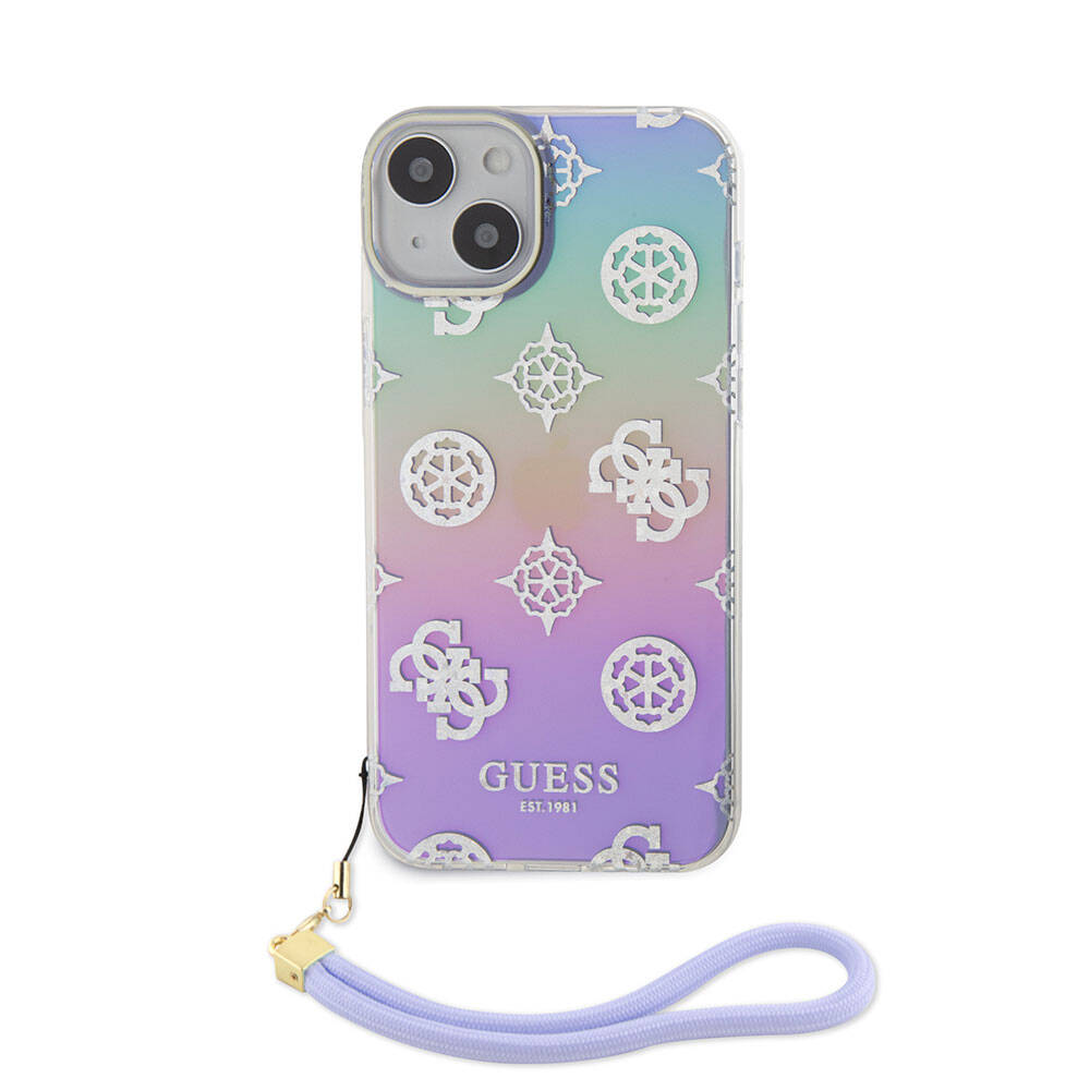 Apple iPhone 15 Case Guess Original Licensed Patterned Text Logo Strap Holographic Glitter Peony Cover Pink
