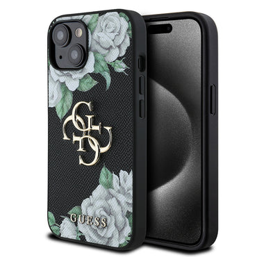 Apple iPhone 15 Kılıf Guess Orjinal Lisanslı Gül Baskılı Büyük Metal Logo Dizaynlı Kapak
