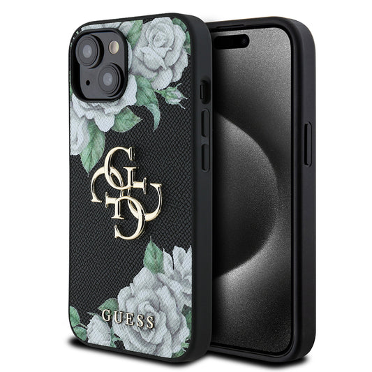 Apple iPhone 15 Kılıf Guess Orjinal Lisanslı Gül Baskılı Büyük Metal Logo Dizaynlı Kapak Siyah