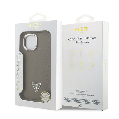 Apple iPhone 15 Kılıf Guess Orjinal Lisanslı M-safe Şarj Özellikli Grained Triangle Kapak Kahverengi