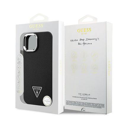 Apple iPhone 15 Kılıf Guess Orjinal Lisanslı M-safe Şarj Özellikli Grained Triangle Kapak Kahverengi
