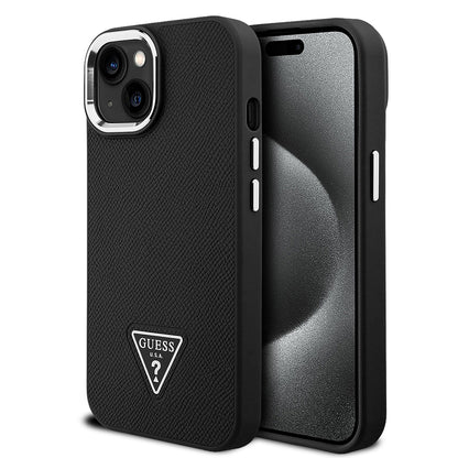 Apple iPhone 15 Kılıf Guess Orjinal Lisanslı M-safe Şarj Özellikli Grained Triangle Kapak Kahverengi