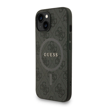 Apple iPhone 15 Kılıf Guess Orjinal Lisanslı M-safe Şarj Özellikli PU Deri Bilek Askı İpli Yazı Logolu Kapak Kahverengi