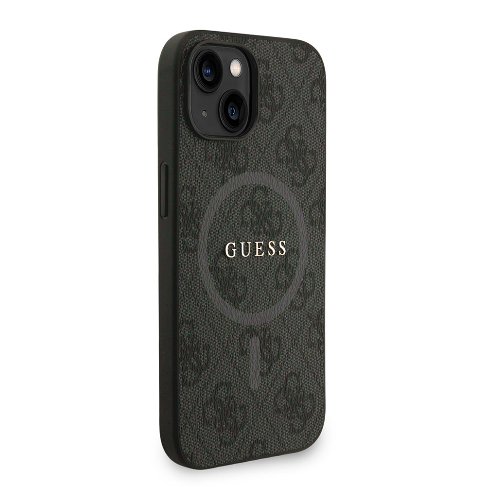 Apple iPhone 15 Kılıf Guess Orjinal Lisanslı M-safe Şarj Özellikli PU Deri Bilek Askı İpli Yazı Logolu Kapak Kahverengi