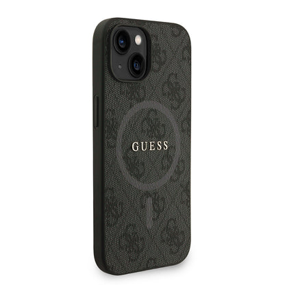 Apple iPhone 15 Kılıf Guess Orjinal Lisanslı M-safe Şarj Özellikli PU Deri Bilek Askı İpli Yazı Logolu Kapak Pembe
