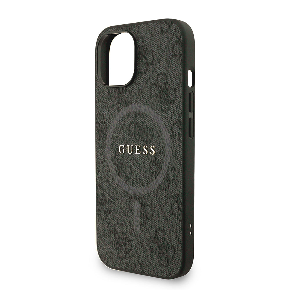 Apple iPhone 15 Kılıf Guess Orjinal Lisanslı M-safe Şarj Özellikli PU Deri Bilek Askı İpli Yazı Logolu Kapak Kahverengi