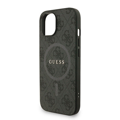 Apple iPhone 15 Kılıf Guess Orjinal Lisanslı M-safe Şarj Özellikli PU Deri Bilek Askı İpli Yazı Logolu Kapak Kahverengi