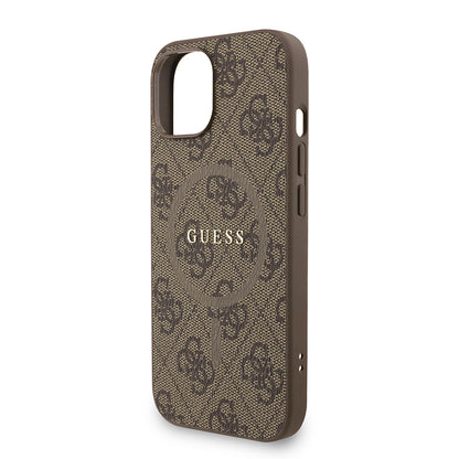 Apple iPhone 15 Kılıf Guess Orjinal Lisanslı M-safe Şarj Özellikli PU Deri Bilek Askı İpli Yazı Logolu Kapak Kahverengi