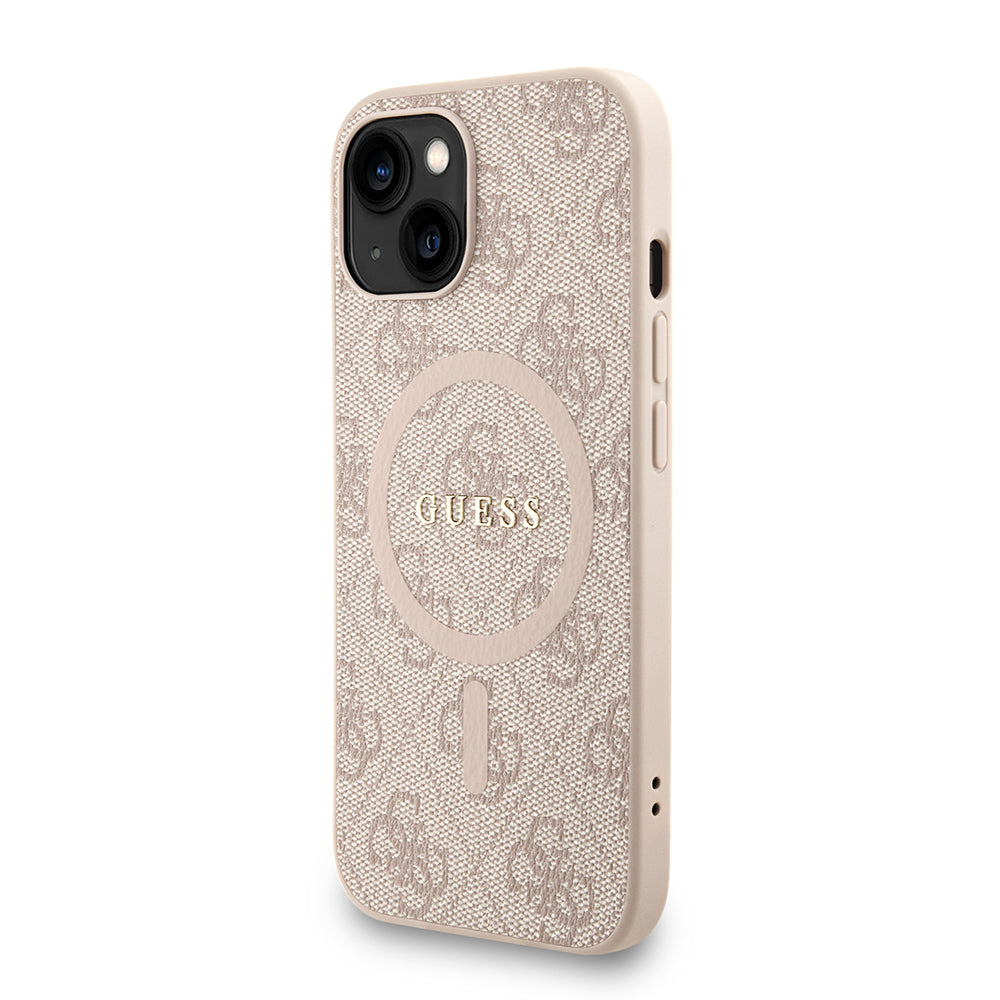 Apple iPhone 15 Kılıf Guess Orjinal Lisanslı M-safe Şarj Özellikli PU Deri Bilek Askı İpli Yazı Logolu Kapak Kahverengi