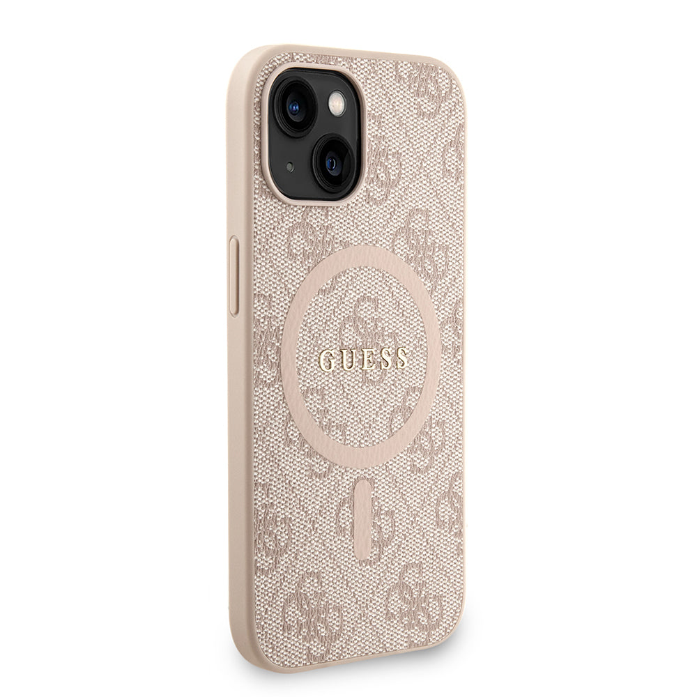 Apple iPhone 15 Kılıf Guess Orjinal Lisanslı M-safe Şarj Özellikli PU Deri Bilek Askı İpli Yazı Logolu Kapak Kahverengi