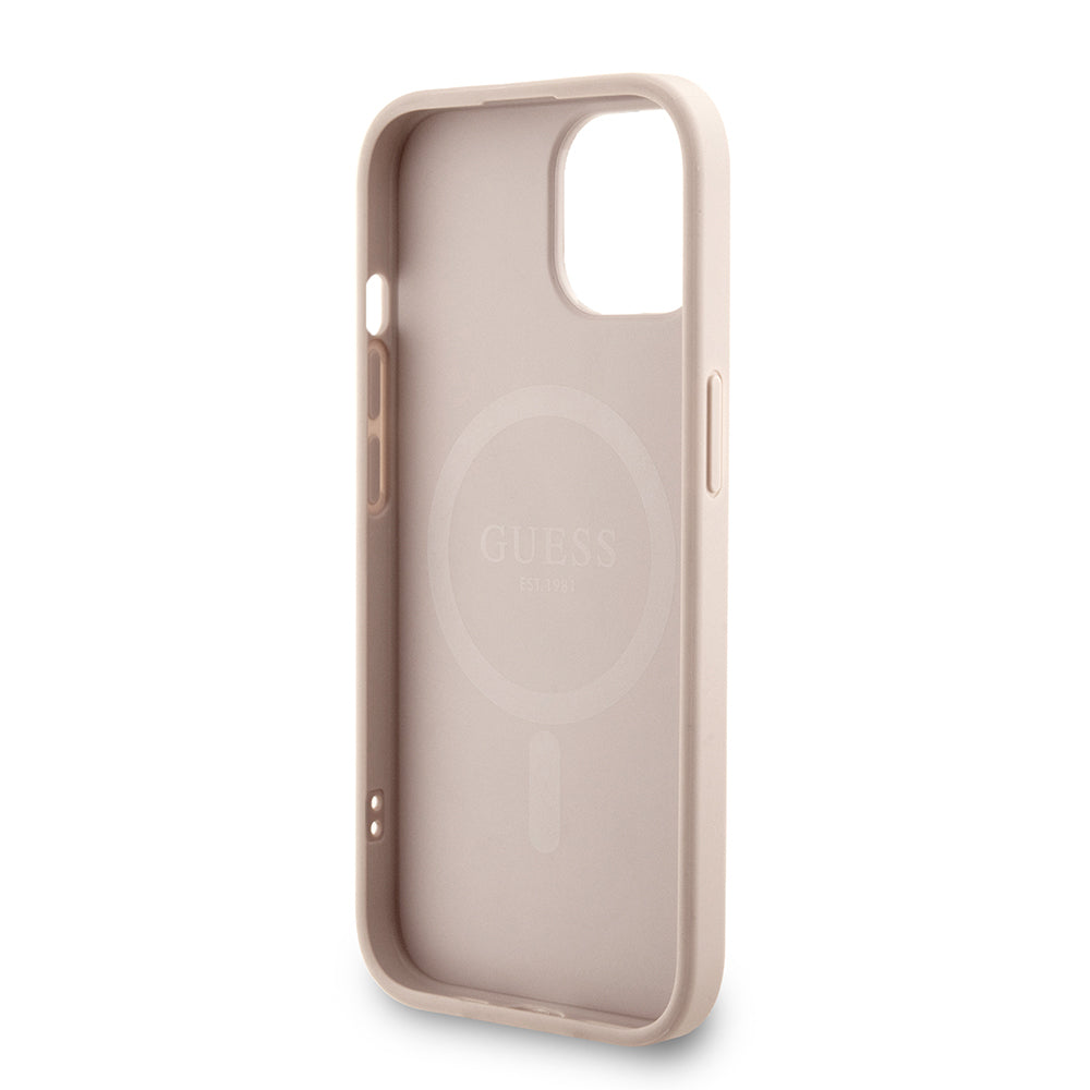 Apple iPhone 15 Kılıf Guess Orjinal Lisanslı M-safe Şarj Özellikli PU Deri Bilek Askı İpli Yazı Logolu Kapak Siyah