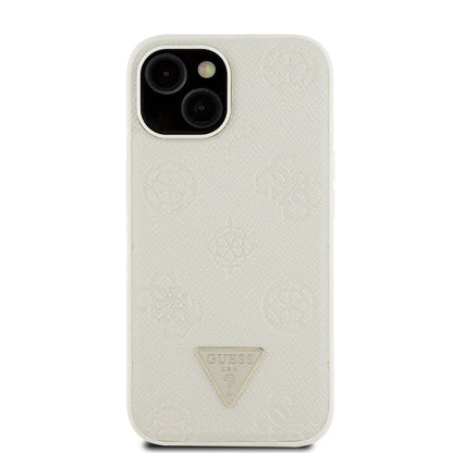 Apple iPhone 15 Kılıf Guess Orjinal Lisanslı M-safe Şarj Özellikli Sıcak Baskılı Üçgen Logolu PU Deri Peony Kapak Siyah