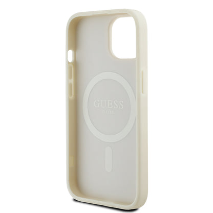 Apple iPhone 15 Kılıf Guess Orjinal Lisanslı M-safe Şarj Özellikli Sıcak Baskılı Üçgen Logolu PU Deri Peony Kapak Pembe