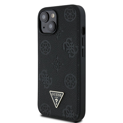 Apple iPhone 15 Kılıf Guess Orjinal Lisanslı M-safe Şarj Özellikli Sıcak Baskılı Üçgen Logolu PU Deri Peony Kapak Pembe