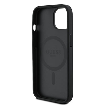 Apple iPhone 15 Kılıf Guess Orjinal Lisanslı M-safe Şarj Özellikli Sıcak Baskılı Üçgen Logolu PU Deri Peony Kapak Siyah
