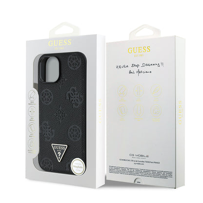 Apple iPhone 15 Kılıf Guess Orjinal Lisanslı M-safe Şarj Özellikli Sıcak Baskılı Üçgen Logolu PU Deri Peony Kapak Pembe
