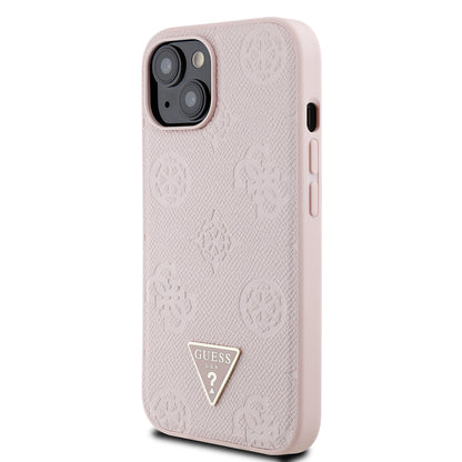 Apple iPhone 15 Kılıf Guess Orjinal Lisanslı M-safe Şarj Özellikli Sıcak Baskılı Üçgen Logolu PU Deri Peony Kapak Siyah