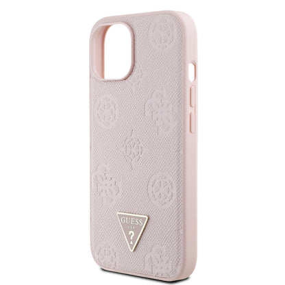 Apple iPhone 15 Kılıf Guess Orjinal Lisanslı M-safe Şarj Özellikli Sıcak Baskılı Üçgen Logolu PU Deri Peony Kapak Siyah