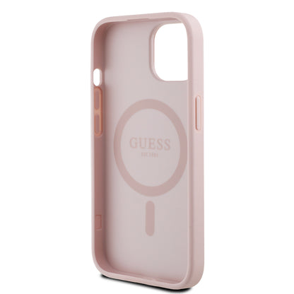 Apple iPhone 15 Kılıf Guess Orjinal Lisanslı M-safe Şarj Özellikli Sıcak Baskılı Üçgen Logolu PU Deri Peony Kapak Siyah