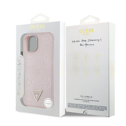 Apple iPhone 15 Kılıf Guess Orjinal Lisanslı M-safe Şarj Özellikli Sıcak Baskılı Üçgen Logolu PU Deri Peony Kapak Pembe