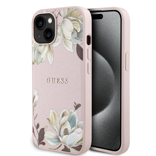 Apple iPhone 15 Kılıf Guess Orjinal Lisanslı M-safe Şarj Özellikli Taneli Çiçek Tasarımlı Metal Yazı Logolu Kapak Pembe