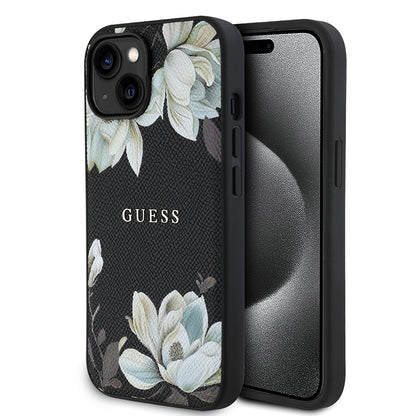 Apple iPhone 15 Kılıf Guess Orjinal Lisanslı M-safe Şarj Özellikli Taneli Çiçek Tasarımlı Metal Yazı Logolu Kapak Siyah