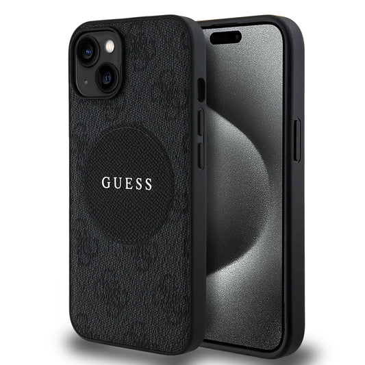 Apple iPhone 15 Kılıf Guess Orjinal Lisanslı M-safe Şarj Özellikli Yazı Logolu Circle Classic Kapak Siyah