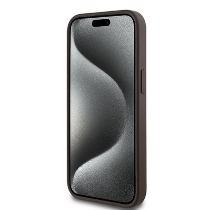 Apple iPhone 15 Kılıf Guess Orjinal Lisanslı M-safe Şarj Özellikli Yazı Logolu Circle Classic Kapak Kahverengi