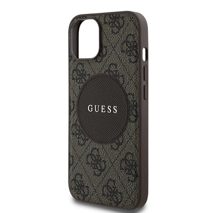 Apple iPhone 15 Kılıf Guess Orjinal Lisanslı M-safe Şarj Özellikli Yazı Logolu Circle Classic Kapak Kahverengi